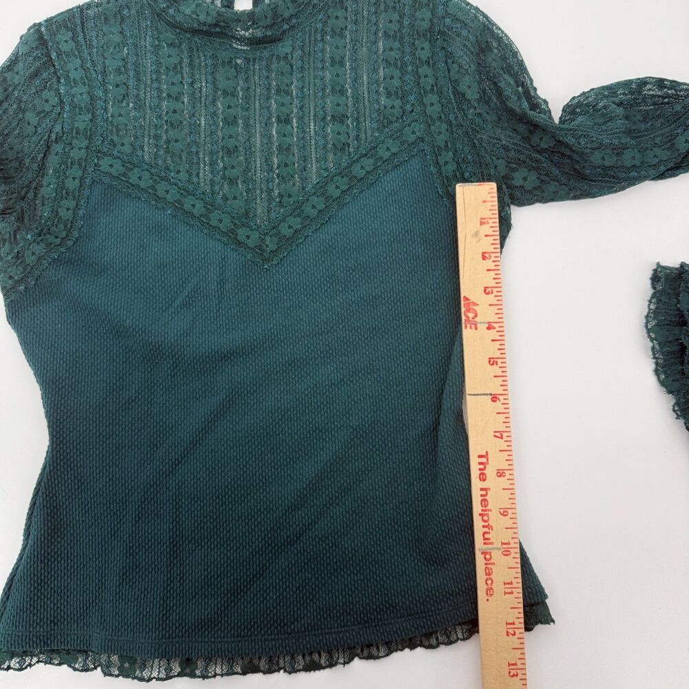 Free People Mina Top Sheer Lace Mock Neck Bell Sleeve Green Holiday Size XS - Picture 8 of 9